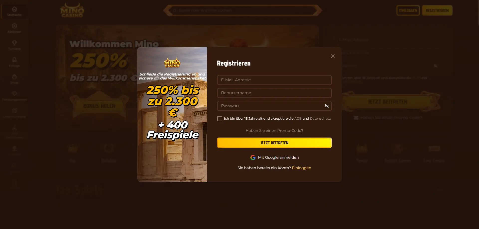 Procedura di registrazione su Mino Casino passo per passo
